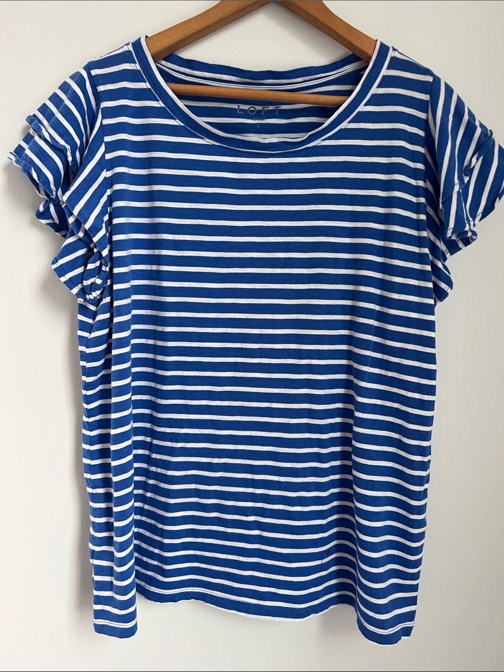 LOFT | Cotton Royal Blue & White Striped Short Ruffle Sleeve Tee #587377 Size L